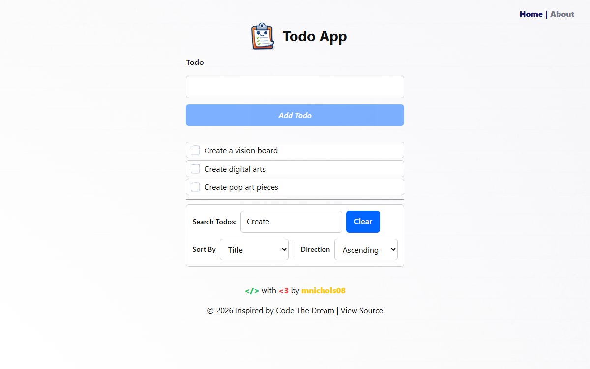 CTD Todo App showing tasks filtered by Create, with inline completion controls and title sorting