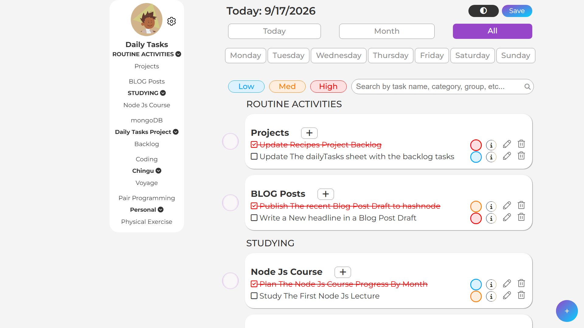 Daily Tasks dashboard showing grouped tasks, weekday filters, and low, medium, and high priorities