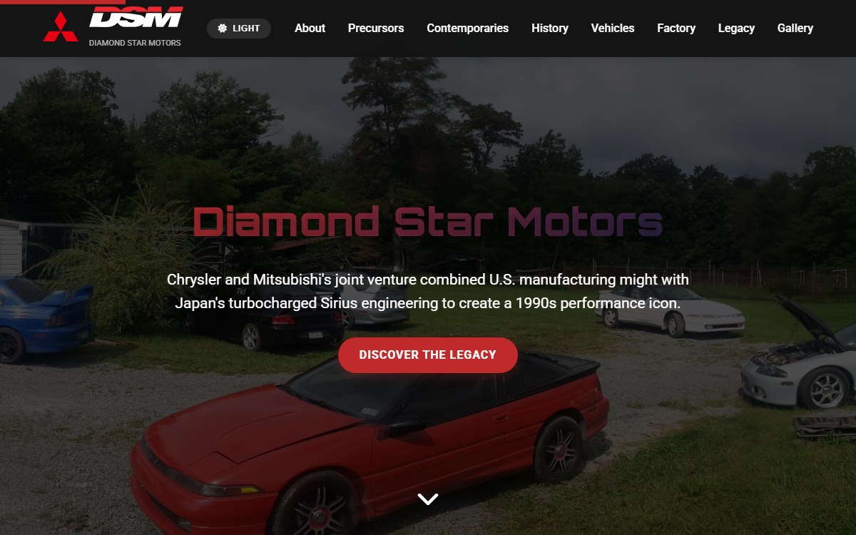 DSM Legacy landing page with a Diamond Star Motors heading, automotive navigation, and a red car in the foreground