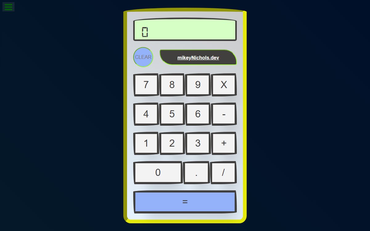 JavaScript Calculator with a green digital display and a custom gray and blue keypad