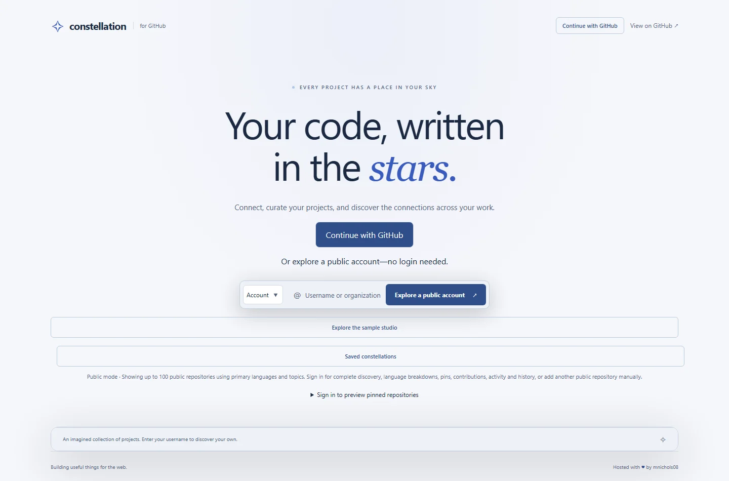 Constellation landing page with public-account and sample options