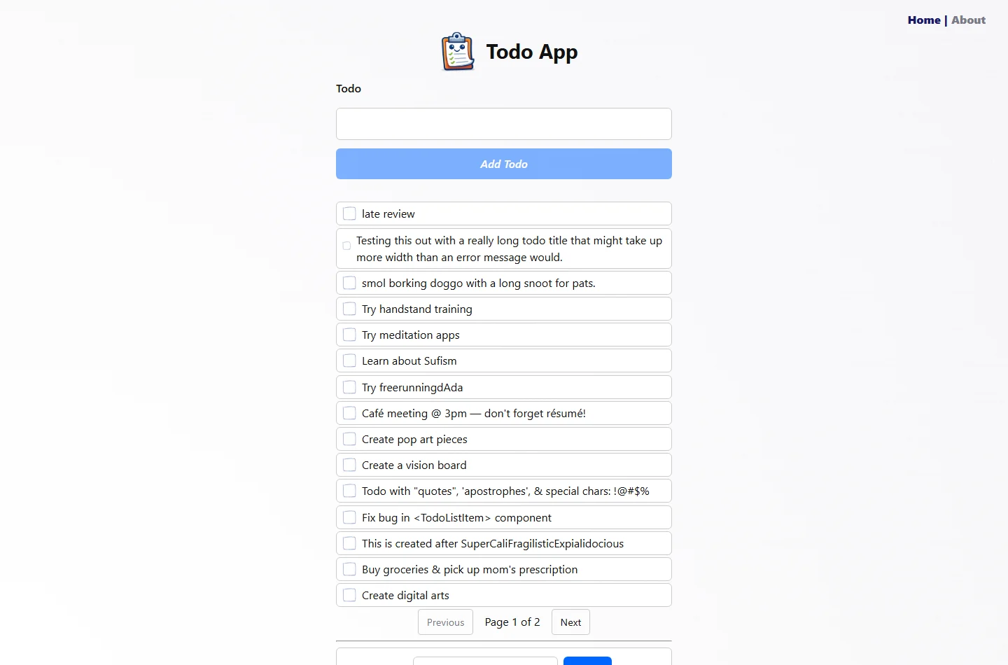 CTD Todo App task entry and saved task list