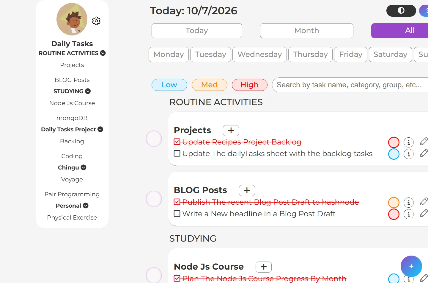Daily Tasks categorized task groups and filter controls