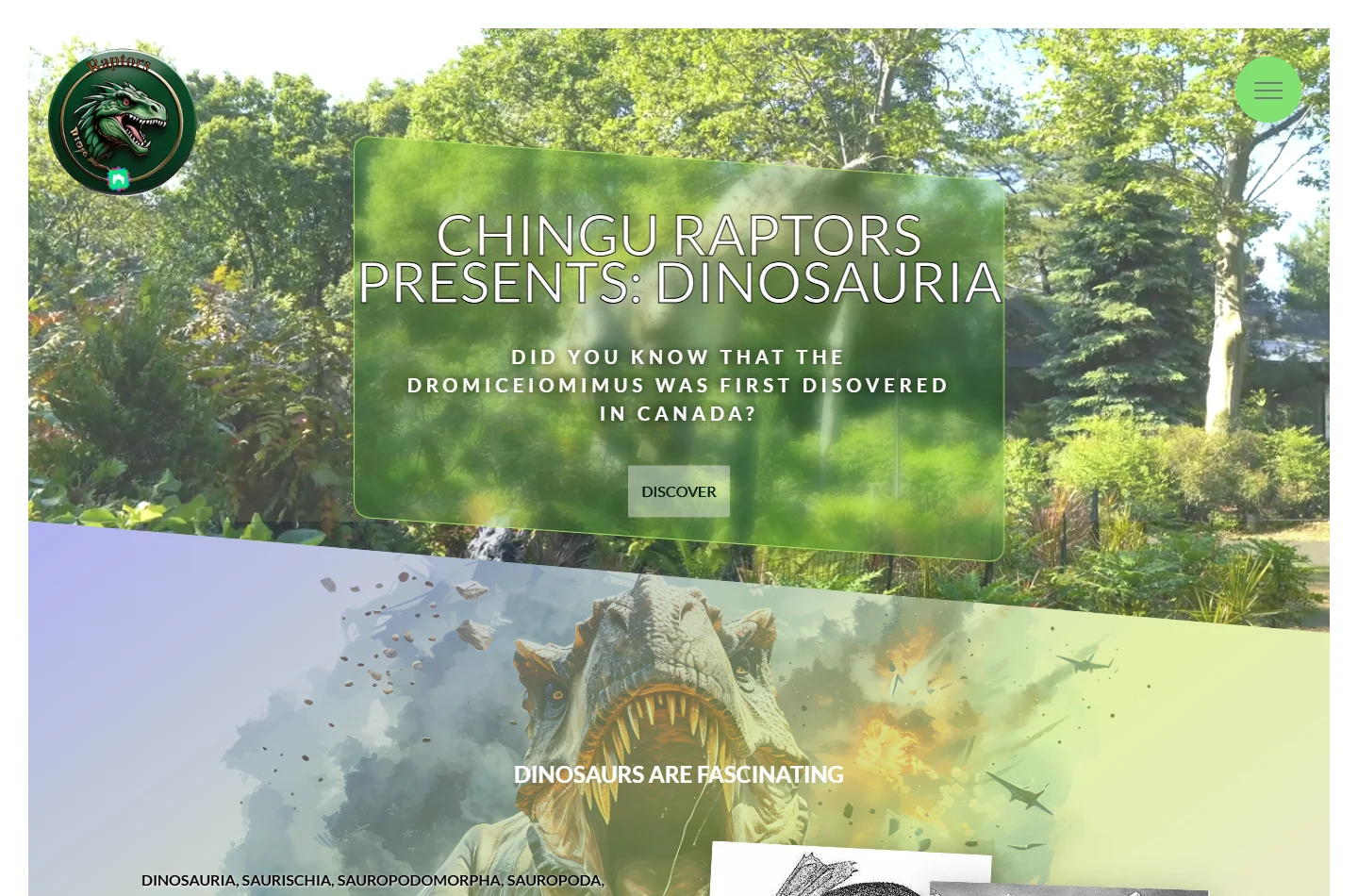Dinosauria homepage with loaded dinosaur video behind the welcome text