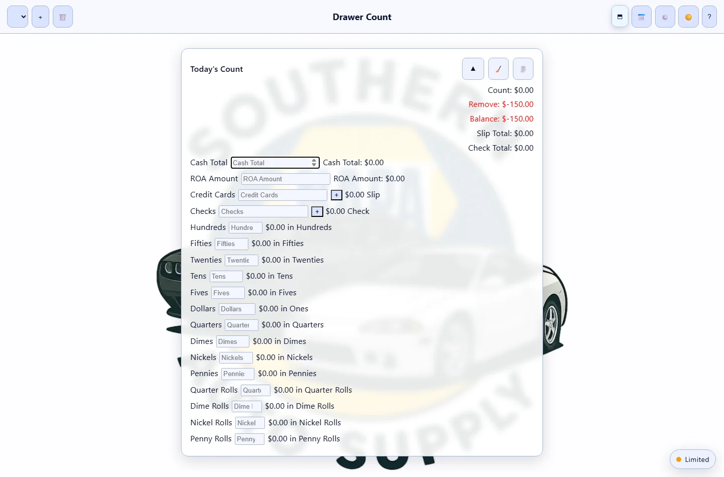 Drawer Count workspace for entering cash and payment totals