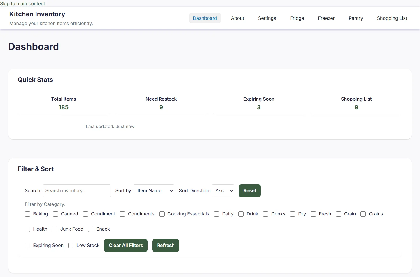 Kitchen Inventory dashboard with stock statistics and filters