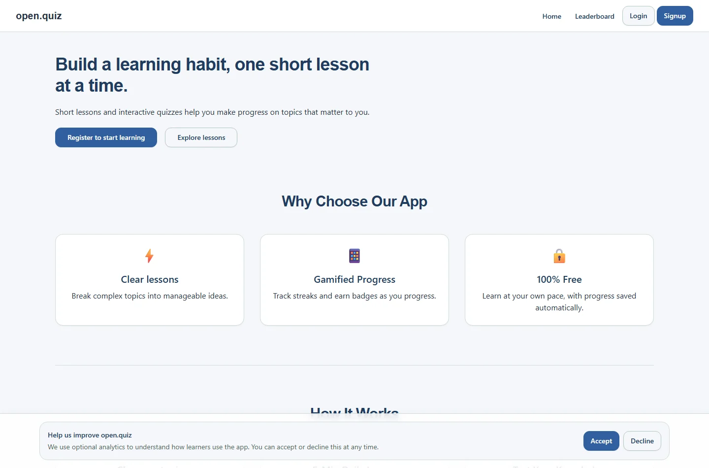 open.quiz landing page with learning and registration options