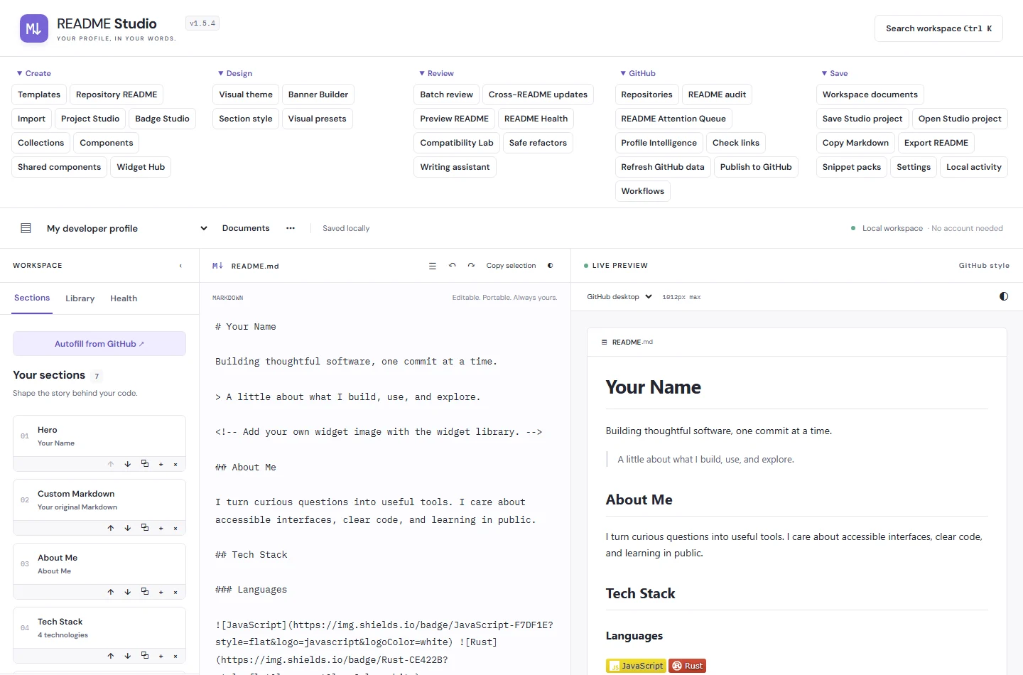 Readme Studio sample workspace with builder, editor, and live preview