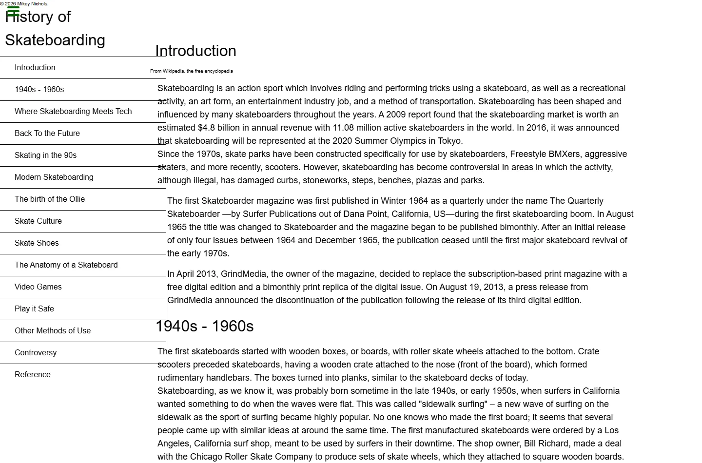 Skateboarding Documentation introduction and topic navigation