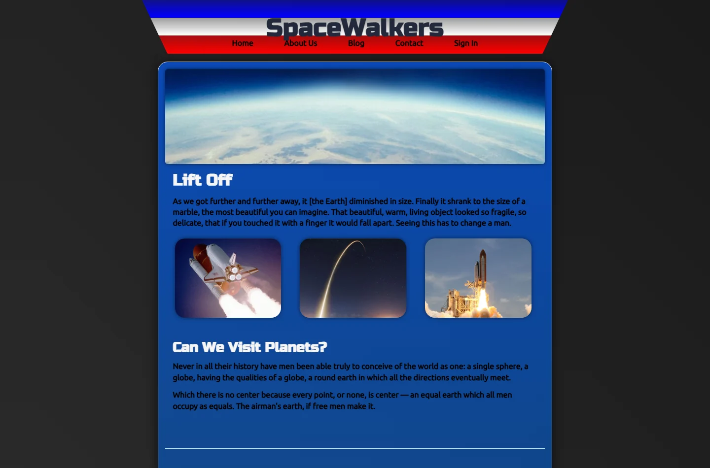 Space Walkers space-themed homepage