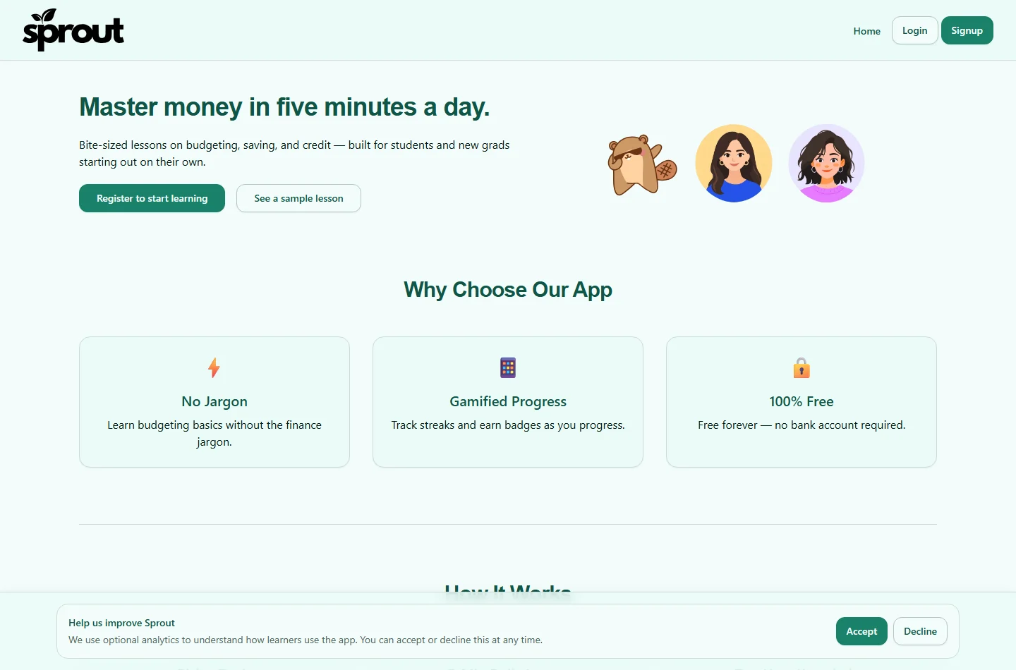 Sprout landing page introducing financial-literacy lessons