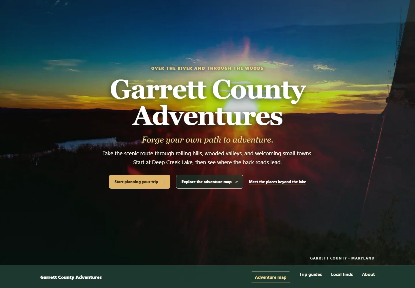 Garrett County Adventures homepage with a sunset over the hills and links to trip guides