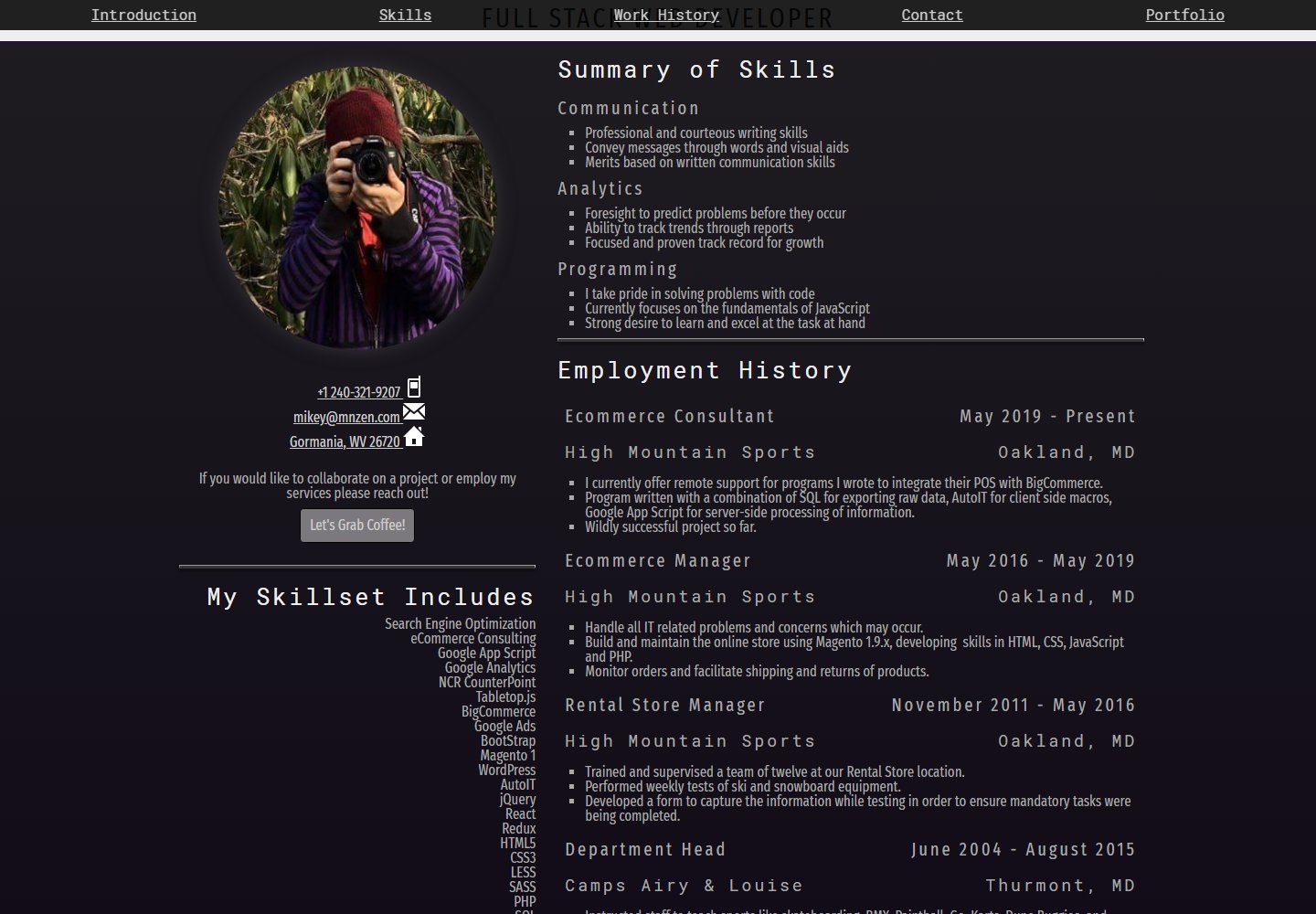The 2019 résumé layout showing a portrait, skills, and employment history in two columns