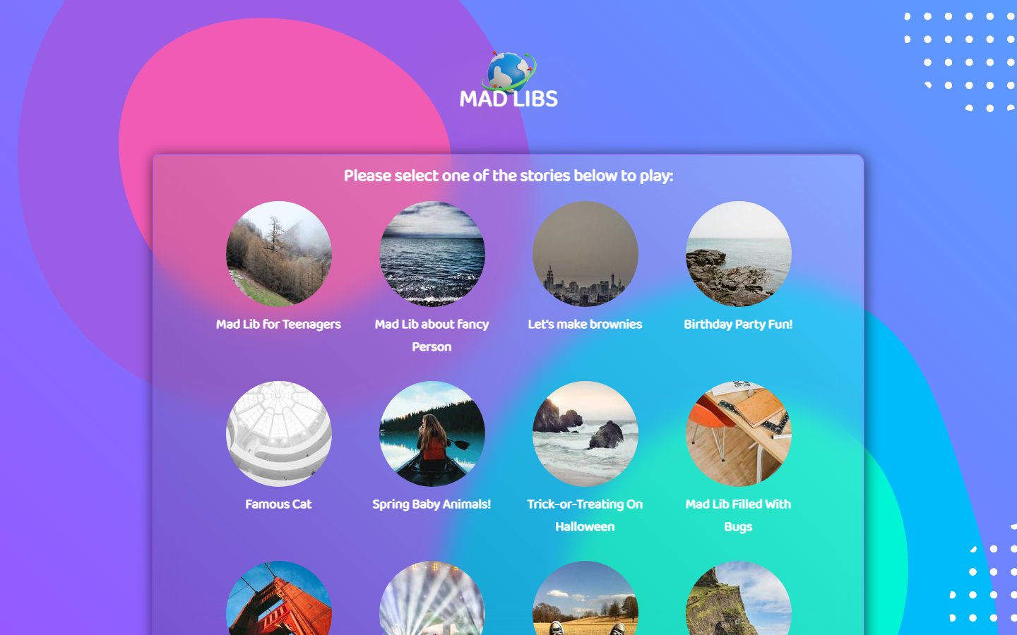 Mad Libs Number 9 story picker with playful scenarios on a colorful animated background