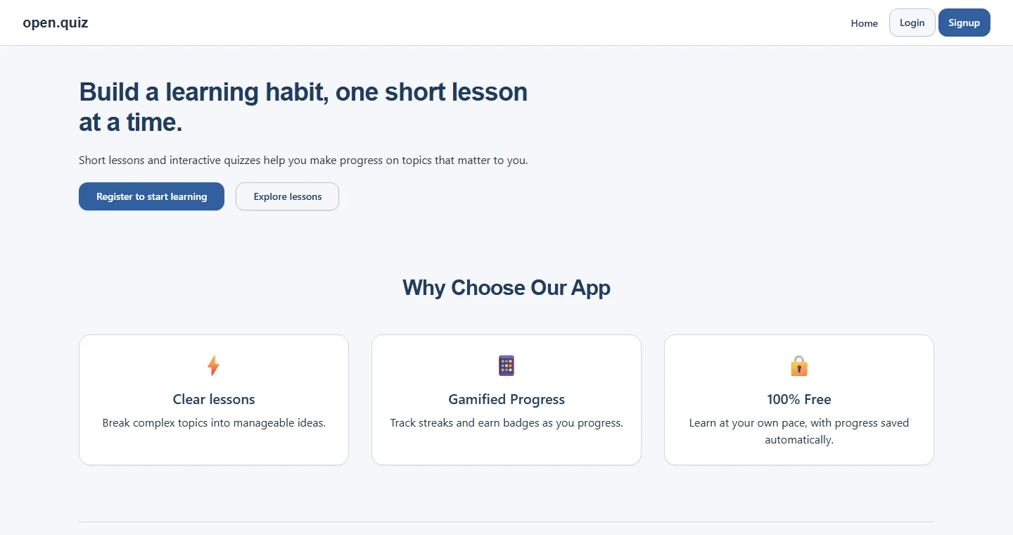 The open.quiz landing page in its navy-and-blue theme, with options to register or explore lessons