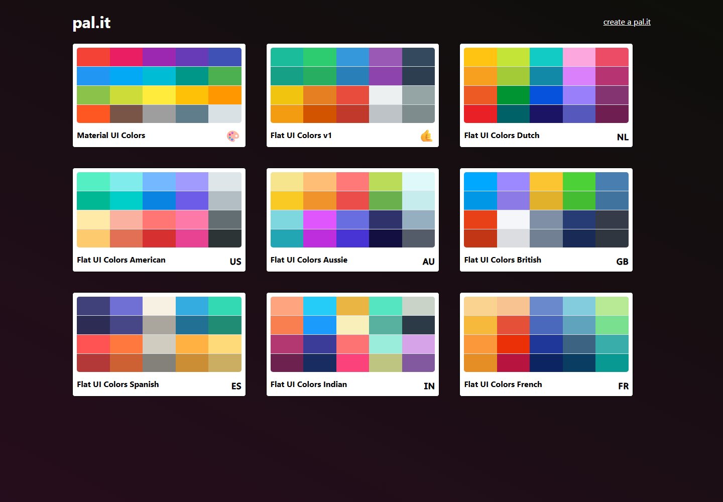 Pal.it gallery showing nine named color palettes and a create-a-palette link