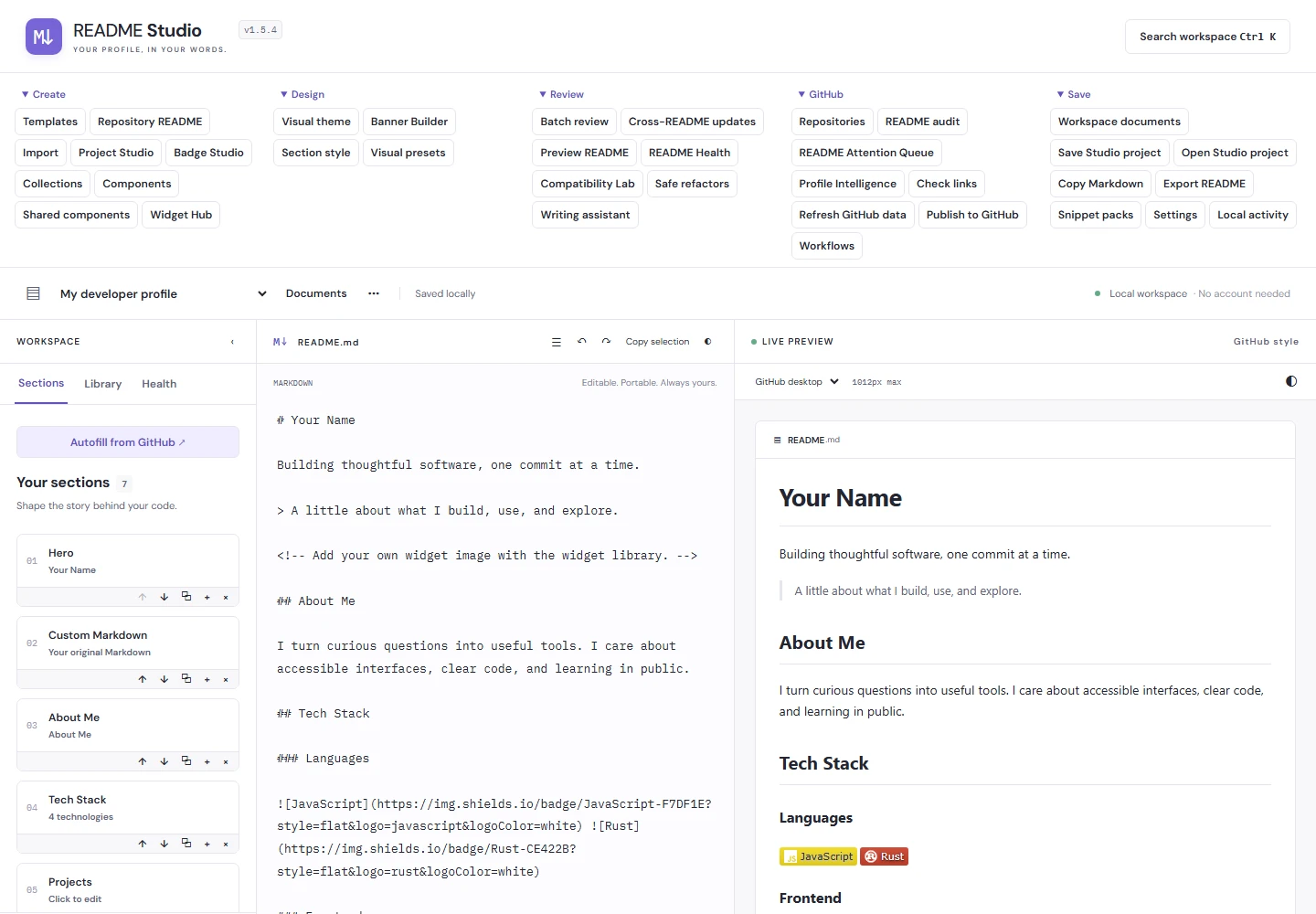 Readme Studio workspace showing the section builder, Markdown editor, and live README preview