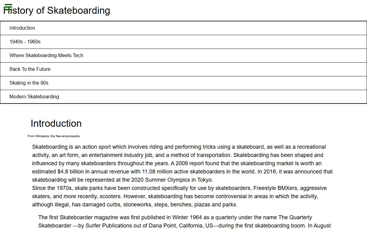 Skateboarding documentation page with a topic navigation menu and an introduction to skateboarding history