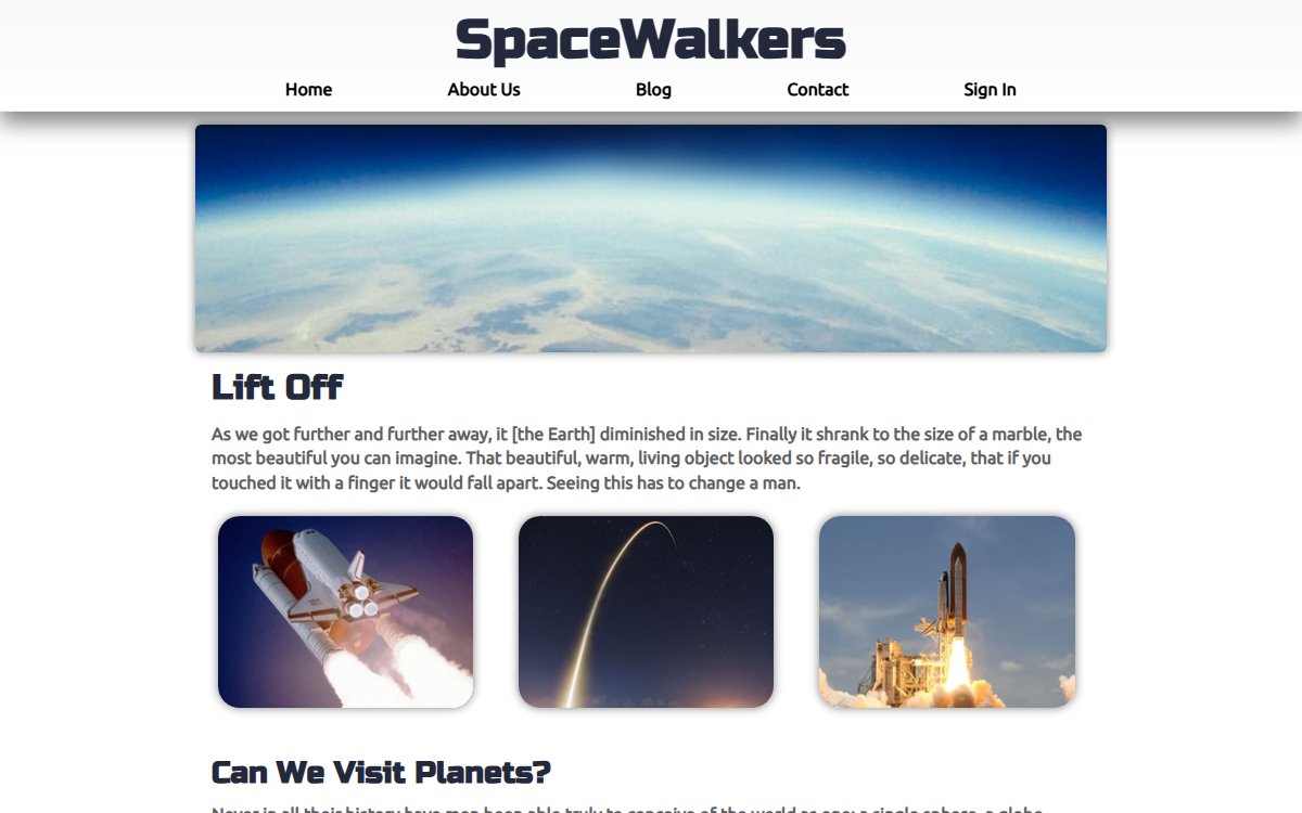 Space Walkers landing page with a view of Earth, launch imagery, and space exploration articles