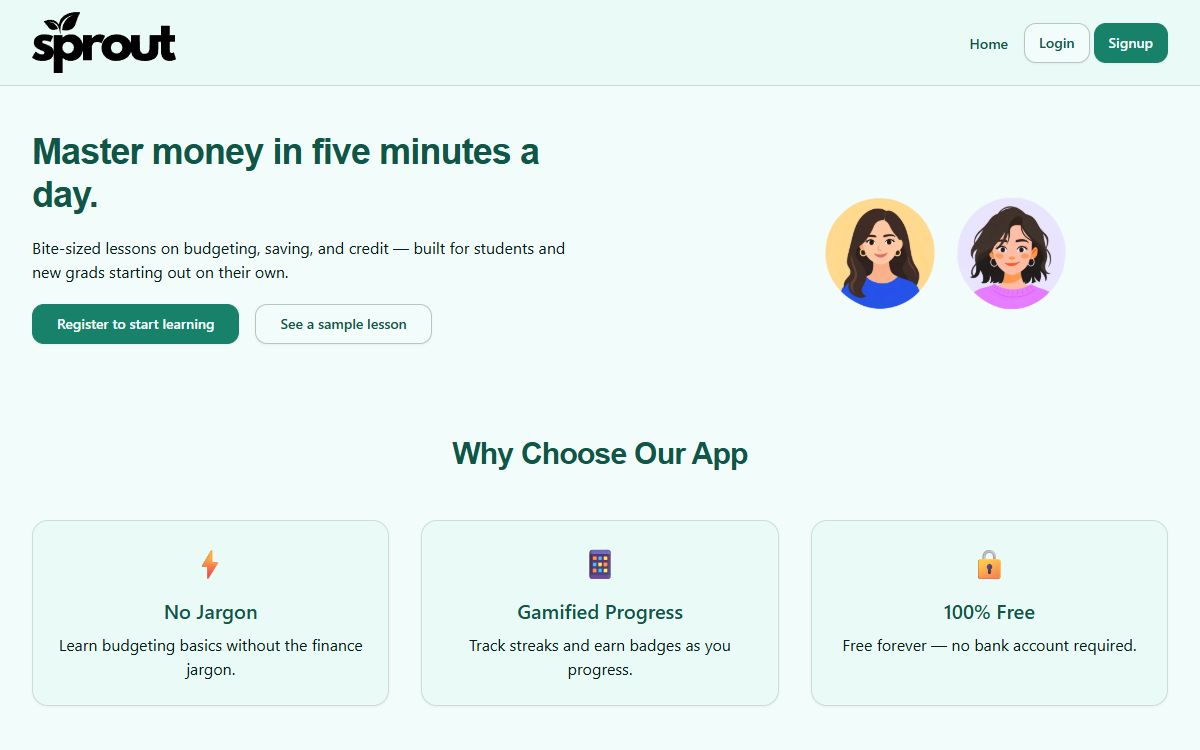 Sprout landing page introducing short financial-literacy lessons