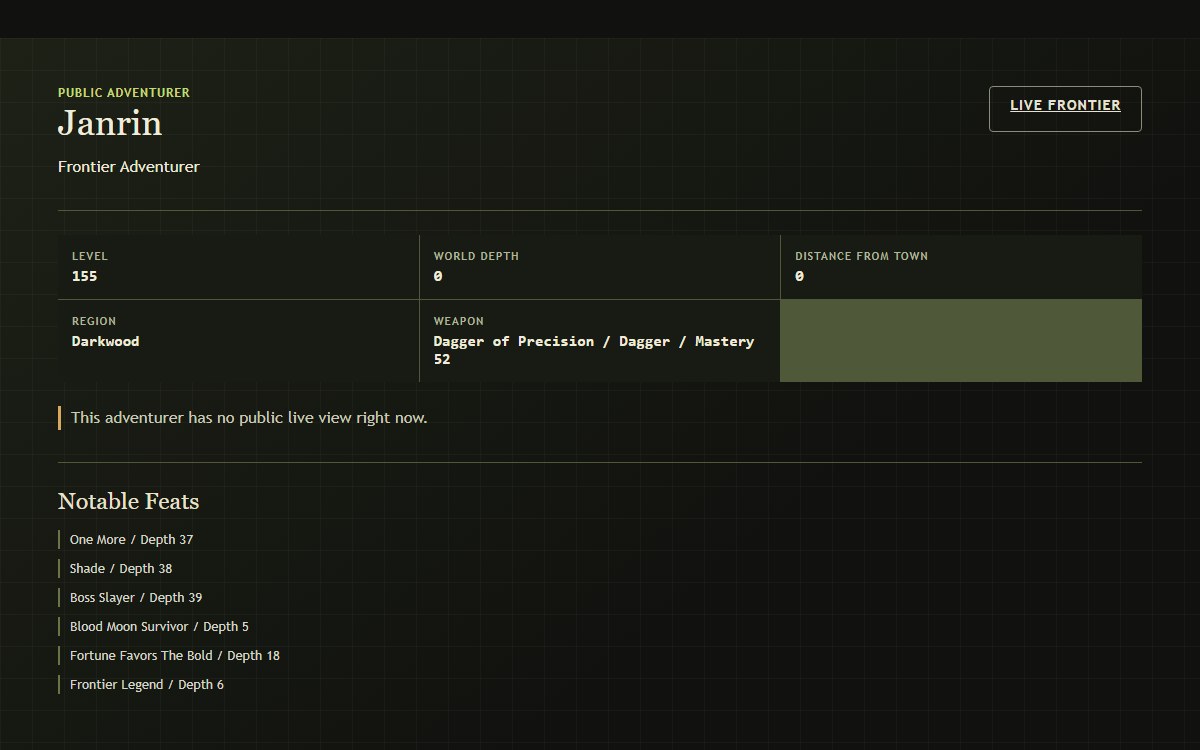 Swing or Cast public adventurer profile showing character progression and equipment